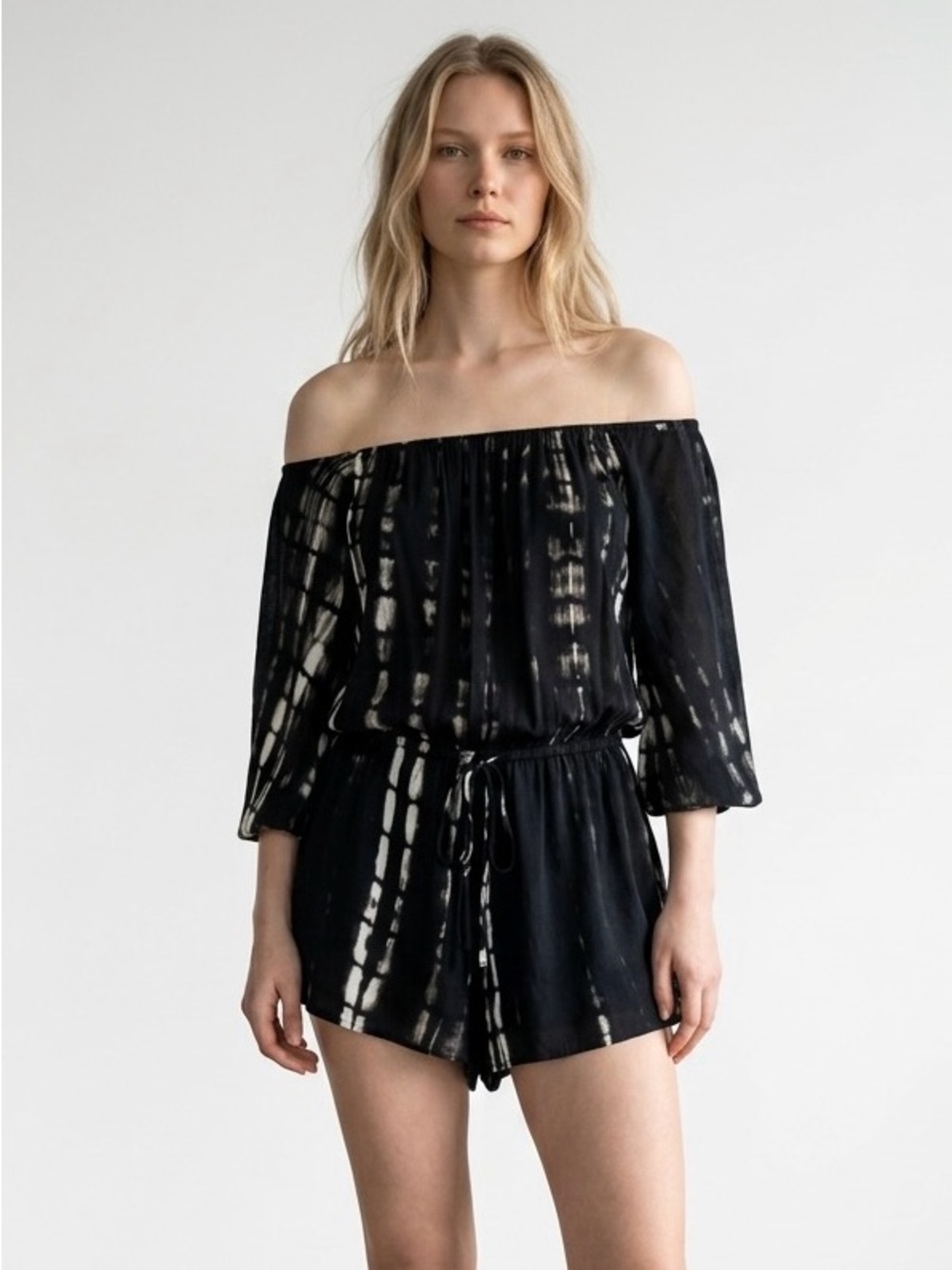 4/$40 Carmin‎ Beach Black and Cream Off Shoulder Tye-dye Romper